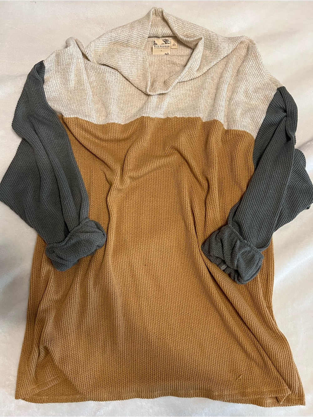 Blu Pepper Block Color Waffle Knit Turtle Neck Tunic - Cream/Camel/Olive